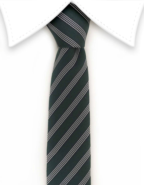 Green striped skinny tie with floral tip
