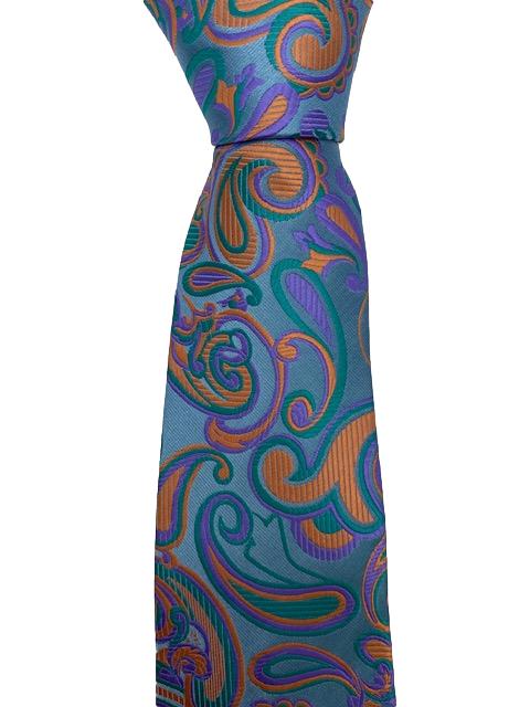 Light Blue Men's Tie with Orange, Green and Purple Paisley Design