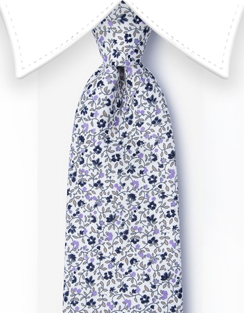 White Extra Long Floral Tie with Mini Black and Lilac Flower Print ...