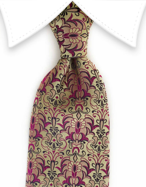 gold tie with fuchsia pink floral design