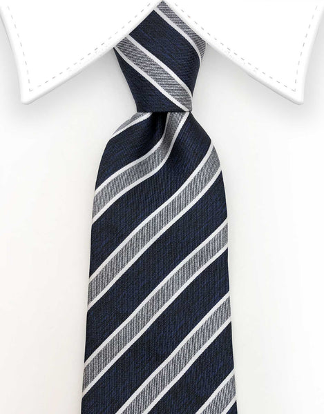 Navy blue and gray striped tie