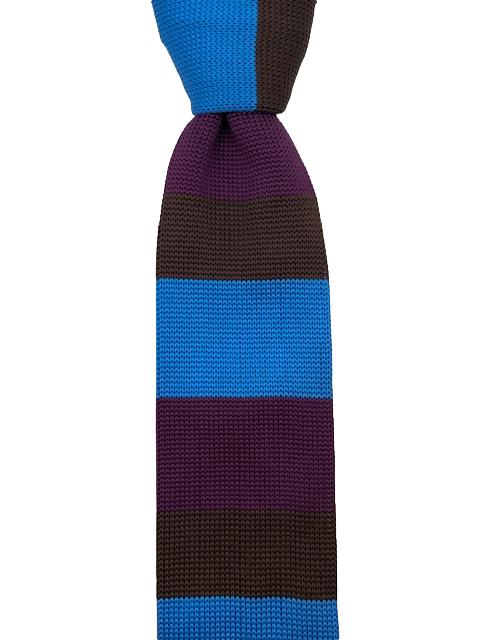 Grape Purple, Brown and Light Blue Thick Striped Knit Tie