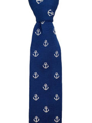 Blue Knit Tie with White Anchors