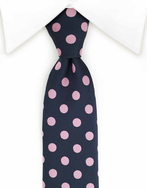 Skinny navy blue & pink polka dot tie