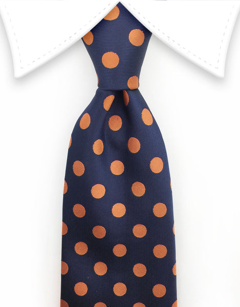 Navy blue & orange polka dot tie
