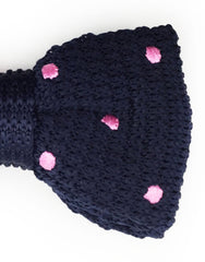 navy blue knit bow tie with pink dots