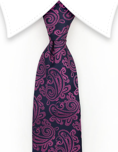 Dark Navy Blue & Pink Paisley Necktie