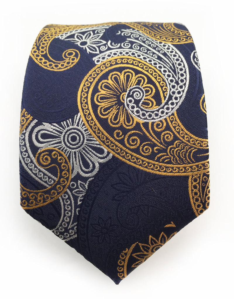 Navy, Orange Gold & Silver Paisley Tie – GentlemanJoe