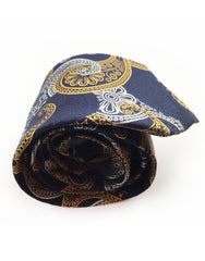 Rolled up navy blue paisley tie