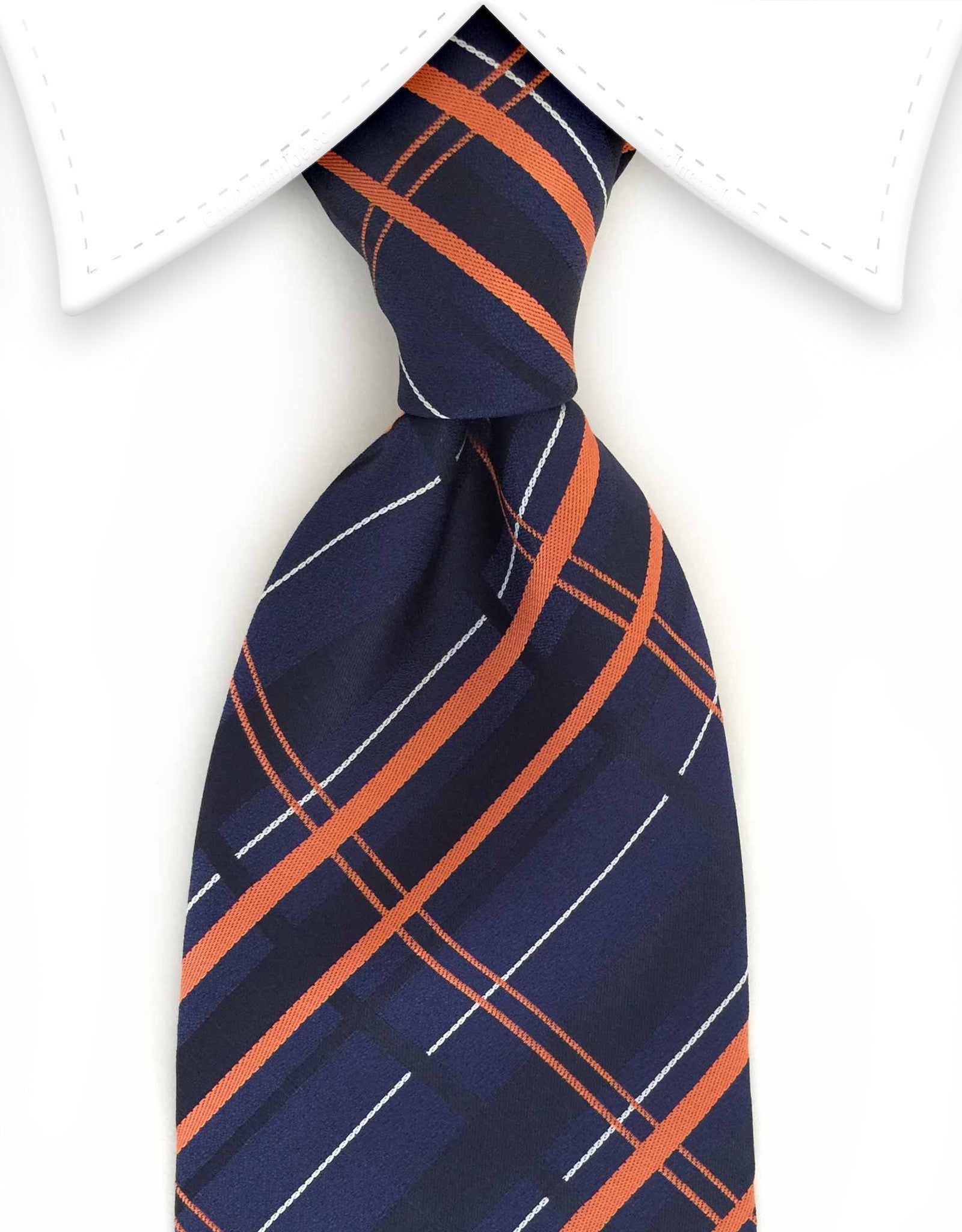 Navy blue and orange plaid necktie