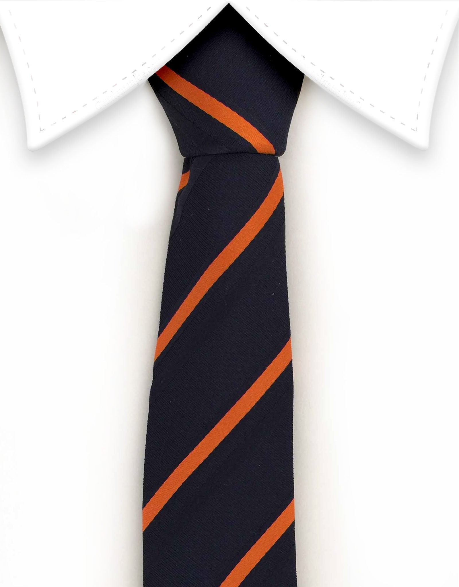 Navy and orange striped skinny tie