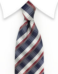 navy blue, red, white plaid necktie