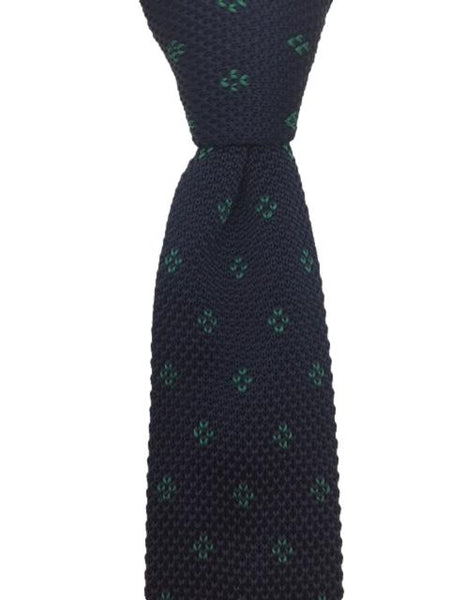 Navy Blue Men's Knitted Tie with Green Motif