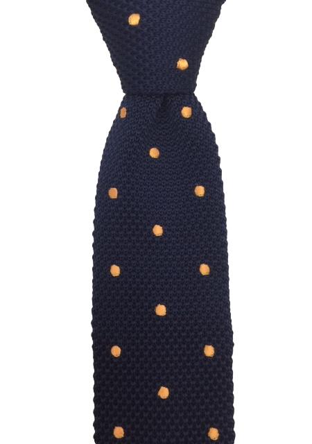 Navy Blue Men's Knit Tie with Orange Polka Dots
