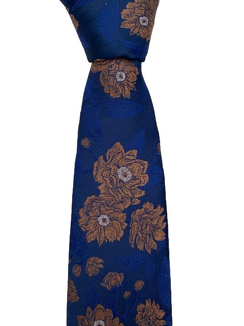 Navy Blue Silk Tie with Gold Brown Flowers