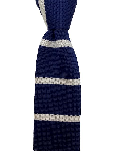 Navy Blue and White Striped Knitted Tie