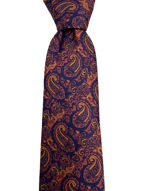 Men's Navy Tie with Burnt Red and Orange Paisley Design