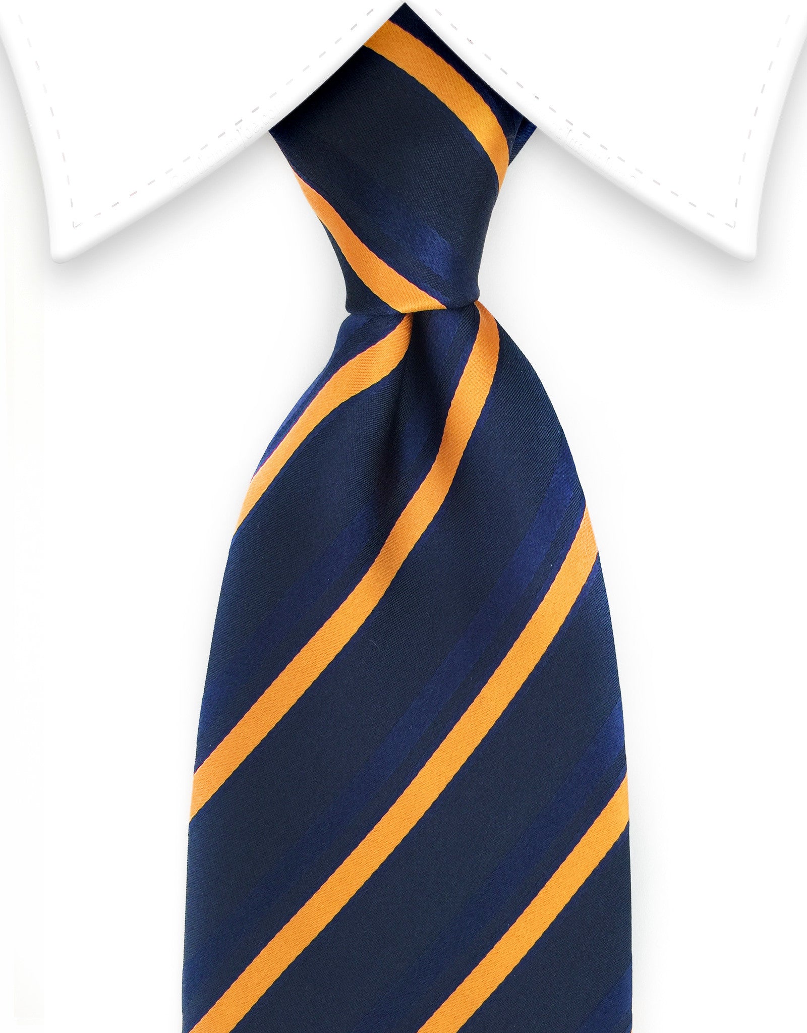Navy blue and orange striped tie