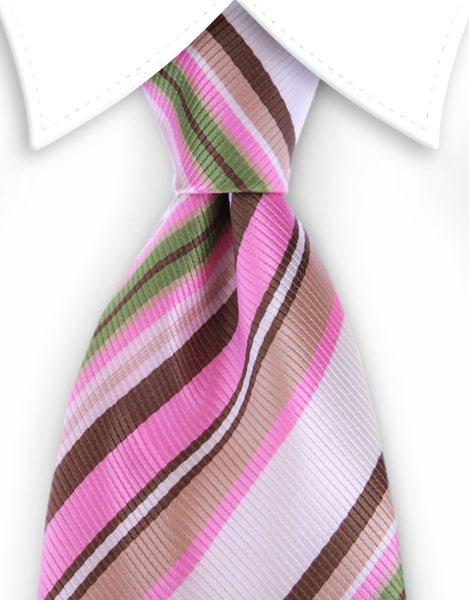 Brown, pink and green striped tie