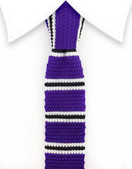 purple, black and white striped knitted necktie