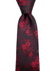 Raspberry Red Floral on Burgundy Black Background Silk Necktie