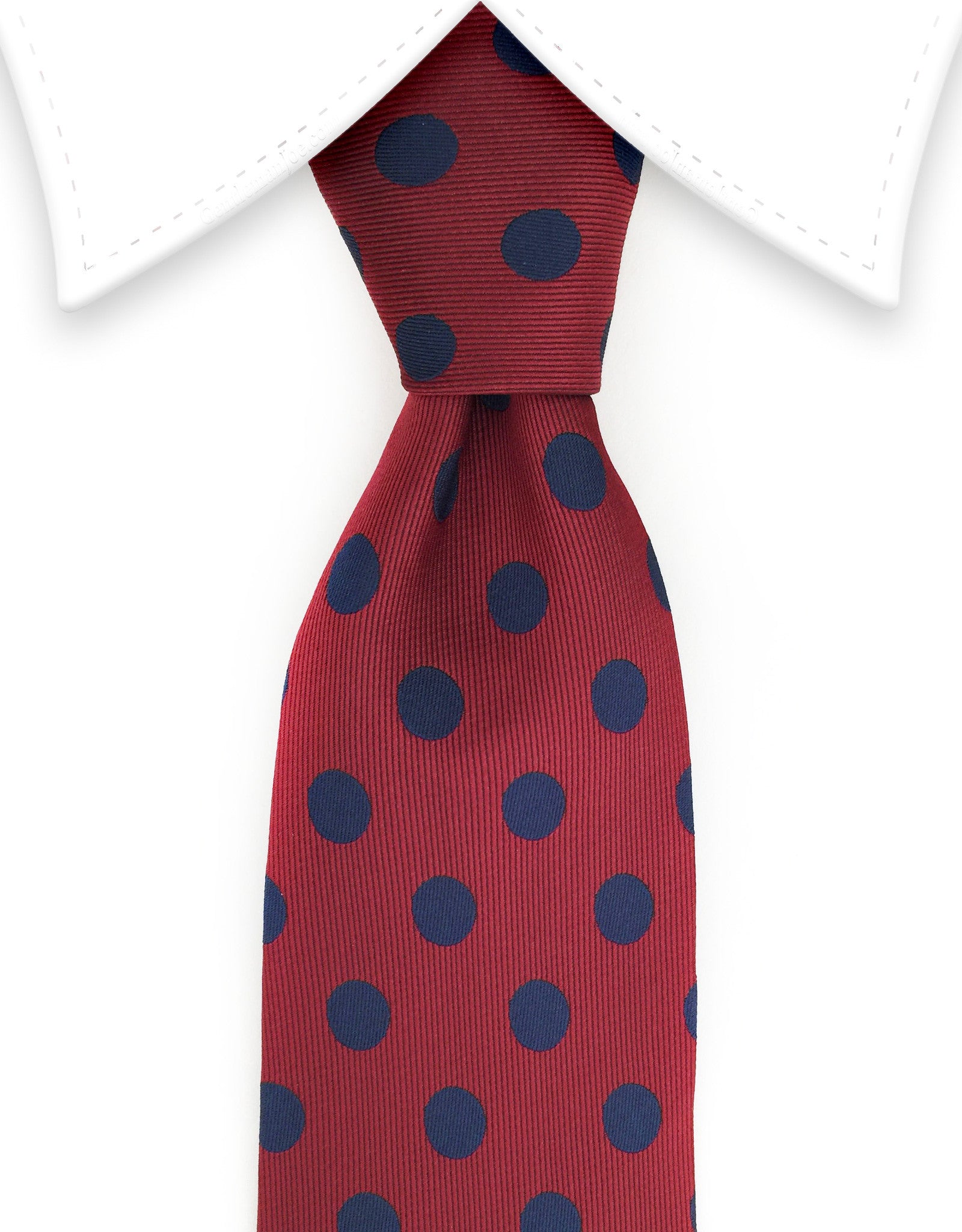 burgundy slim tie with navy blue polka dots