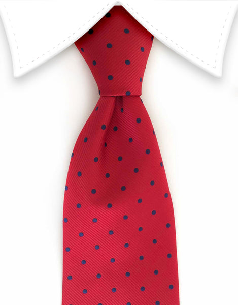 Red tie with navy blue polka dots