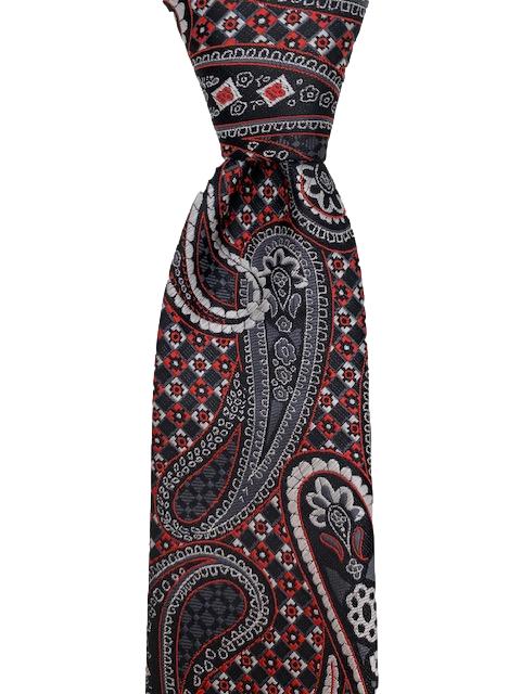 Charcoal Gray, Red, Black & Silver Paisley Tie