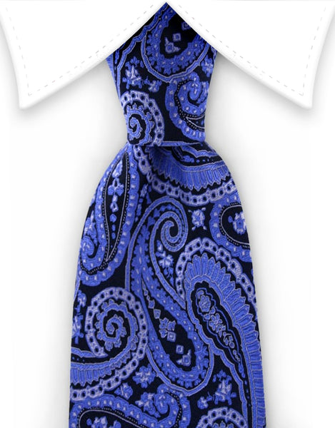 Blue and black paisley silk tie