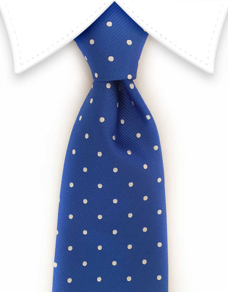 blue and white polka dot tie