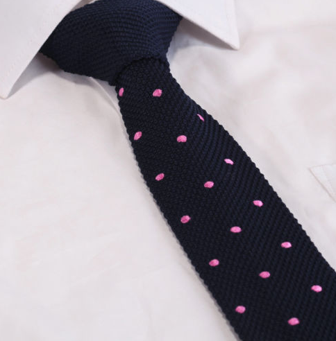 navy blue with pink polka dots skinny knitted necktie