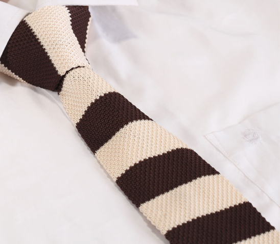 Cream and Dark Brown Striped Narrow Knitted Tie