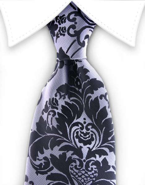 Silver & black tie with vintage floral design
