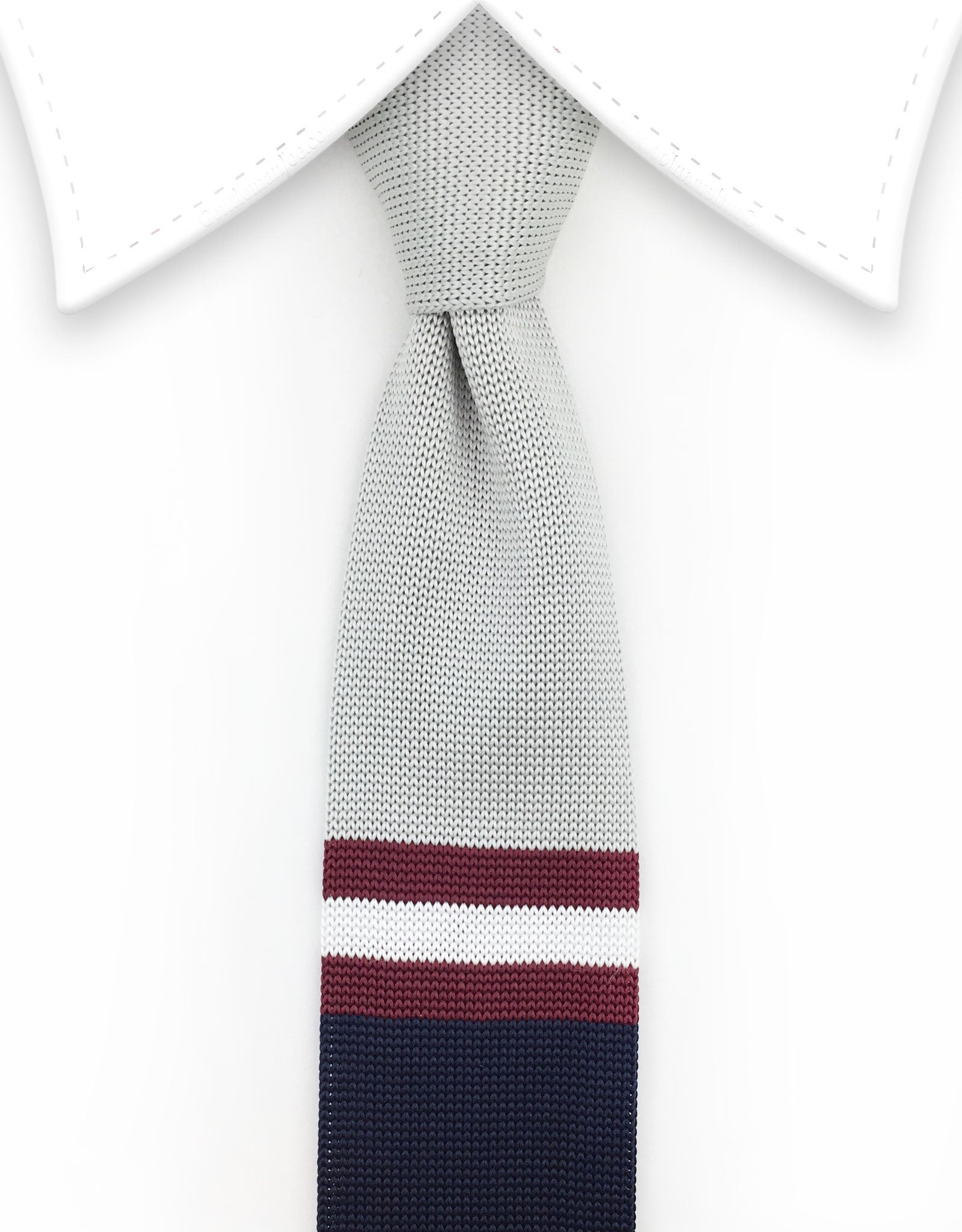 Silver, Navy & Burgundy Striped Knit Tie