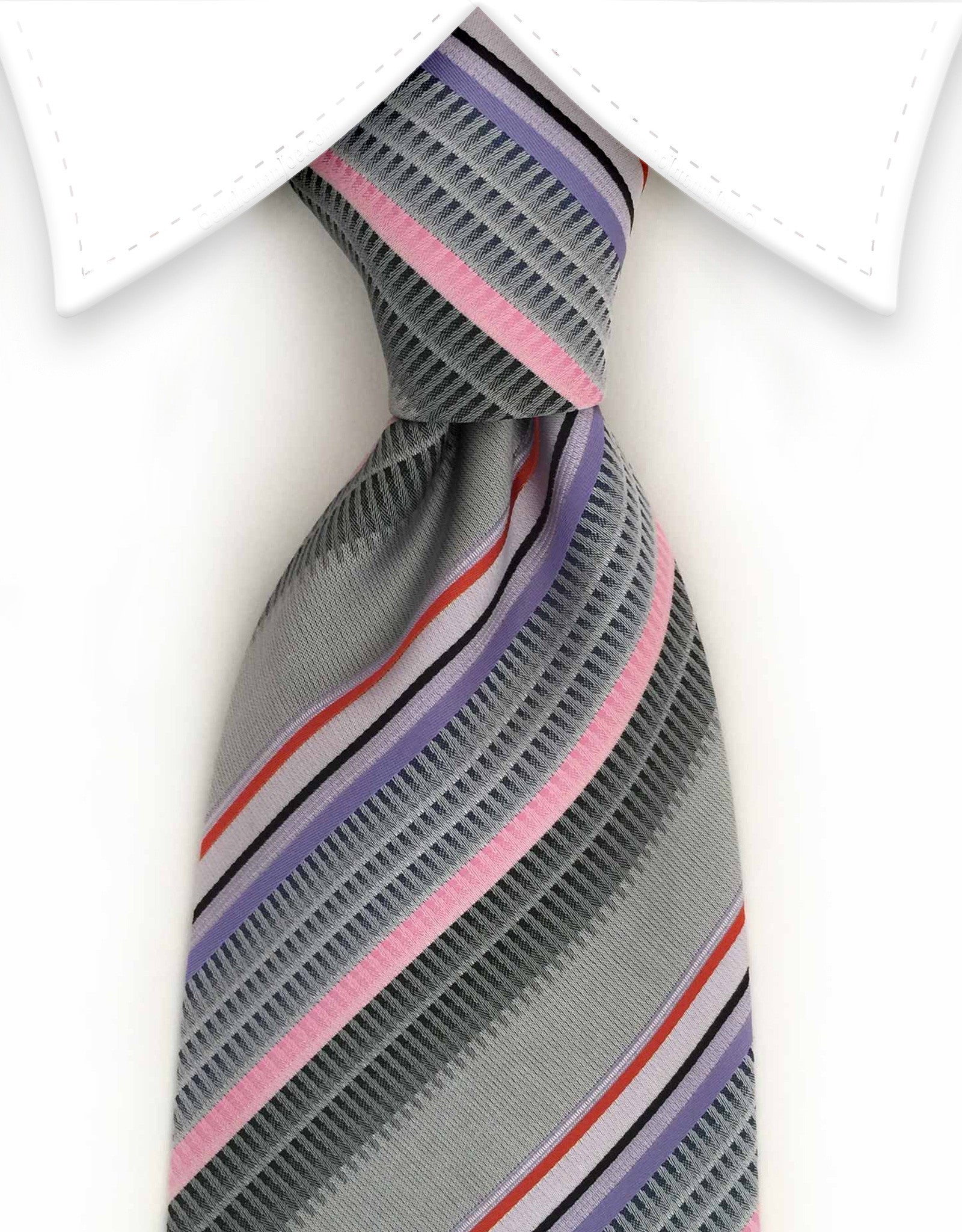 silver, pink, purple striped tie