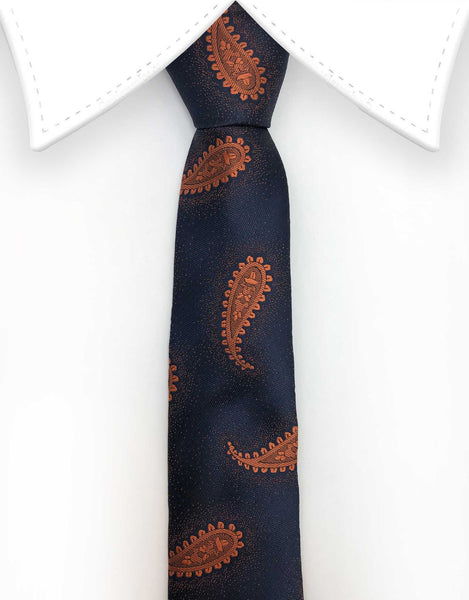 navy blue and orange paisley tie