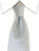 Silver tie with vertical stripes and black dots