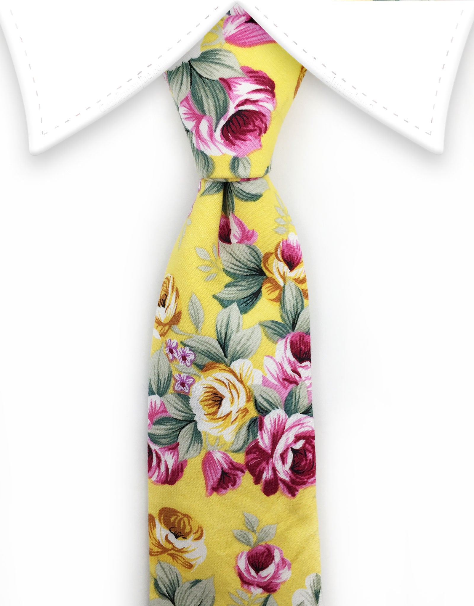 yellow floral tie with pink flowers